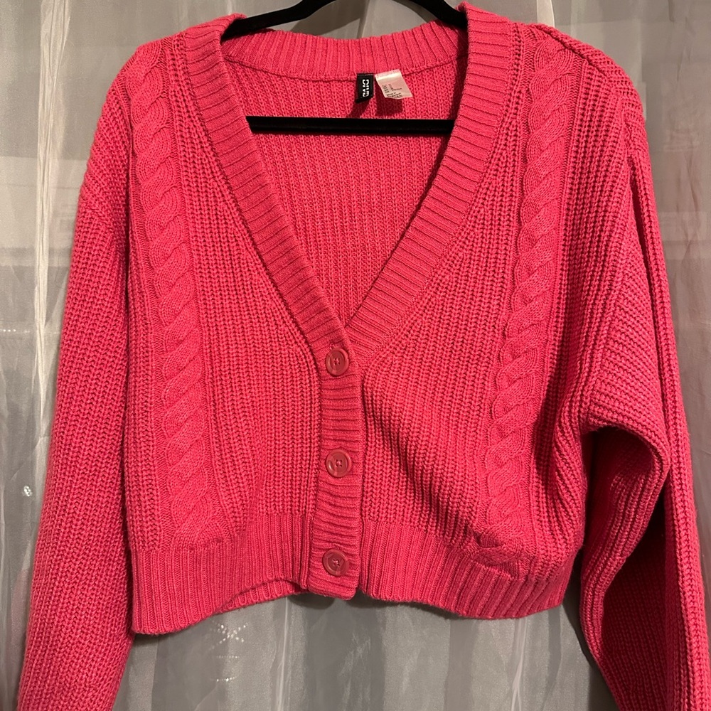 Pink Cable Knit Cardigan Sweater